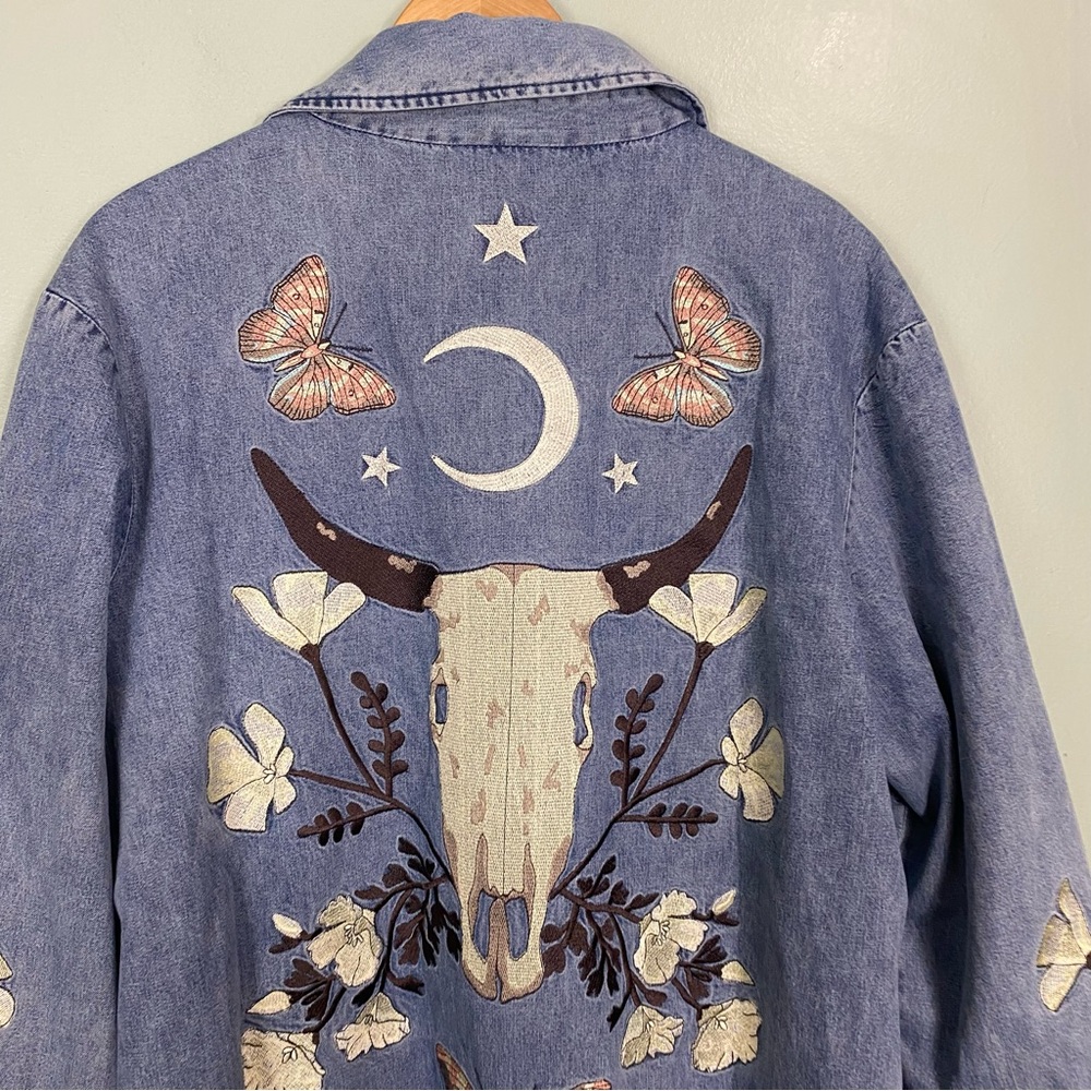 Free People Denim & Bone Buffalo Denim Duster Butterfly Floral Embroidered Sz‎ L - Picture 8 of 10